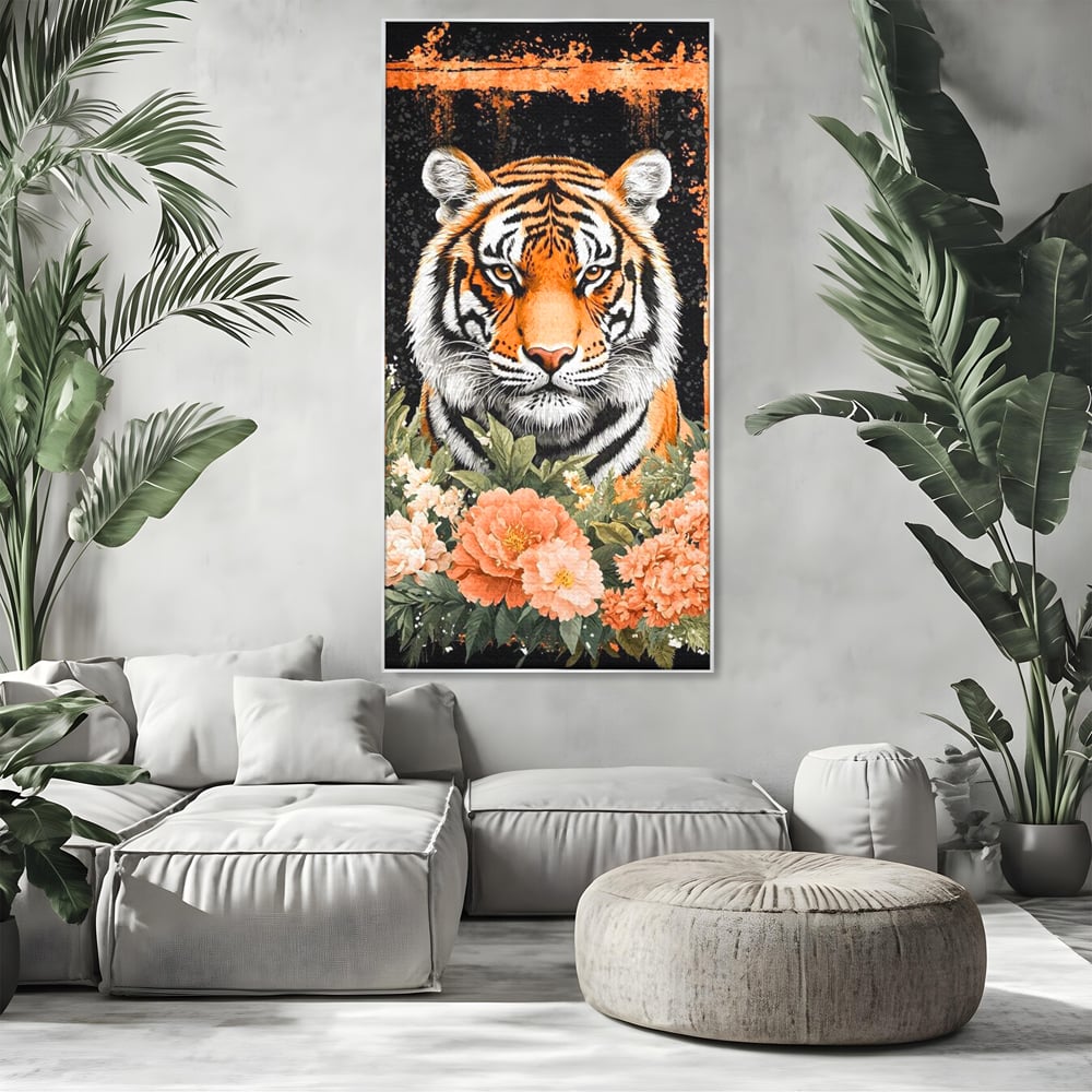 Tablou canvas cu tablou canvas cu tigru si flori, in rama de aluminiu argintiu, pe perete intr-un living